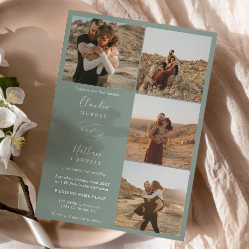 Modern 4 Photos elegant script wedding sage green Invitation