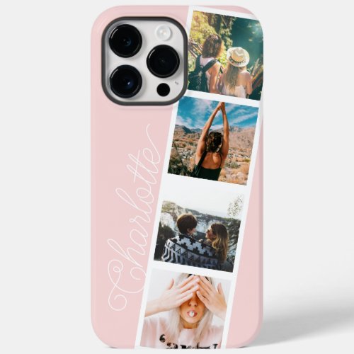 Modern 4 photos grid collage name on blush pink Case_Mate iPhone 14 pro max case