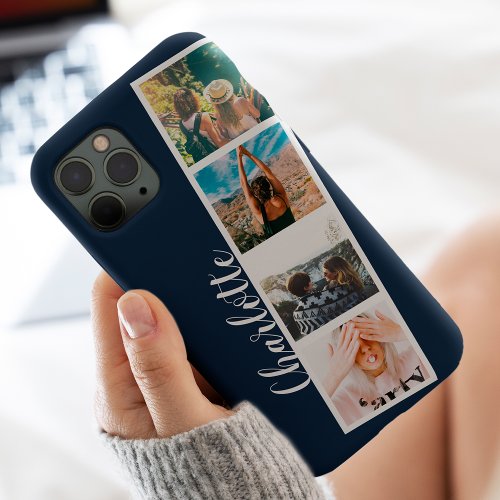 Modern 4 photos grid collage name on navy blue iPhone 12 pro case