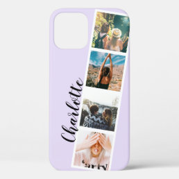 Modern 4 photos grid collage name on purple iPhone 12 case