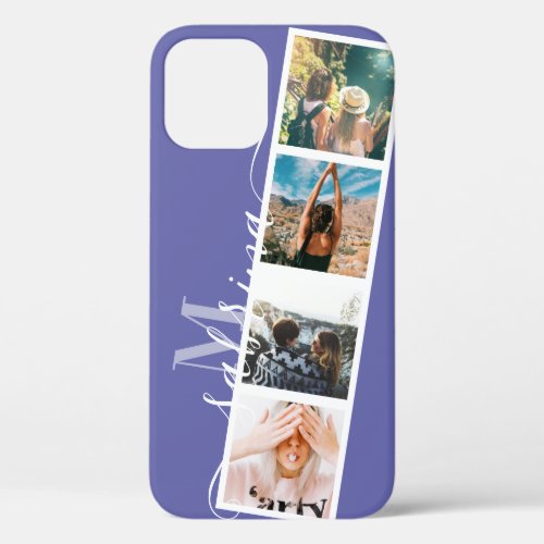 Modern 4 photos grid collage name purple monogram iPhone 12 case