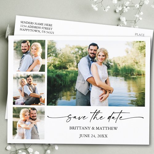 Modern 4 Photos Ink Pen Script Save The Date Postcard