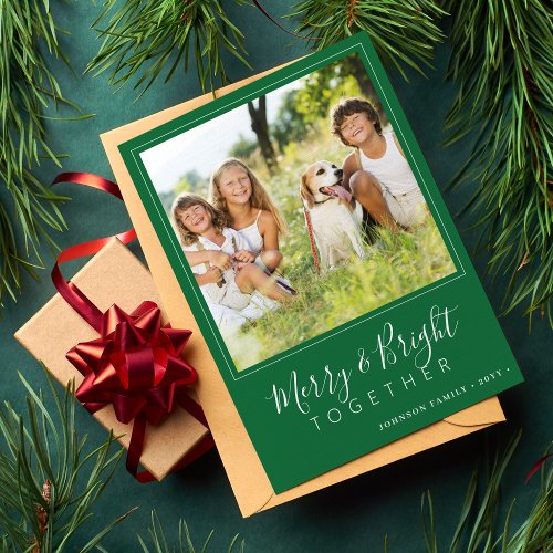 Modern 4 photos Merry and Bright green Christmas Holiday Card