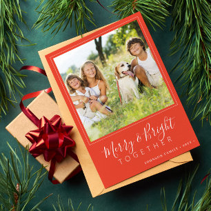 Modern 4 photos Merry and Bright orange Christmas Holiday Card