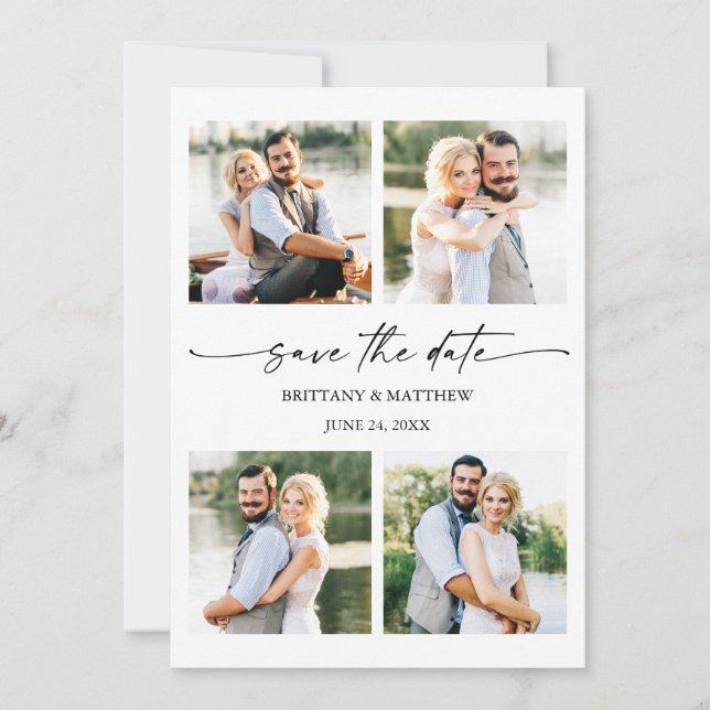 Modern 4 Photos Minimalist Ink Script Save The Date (Front)