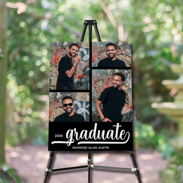 Modern 4 Photos on Black Graduation Foam Board (4 Photos on black graduation party foam board sign with your details in chic white lettering)