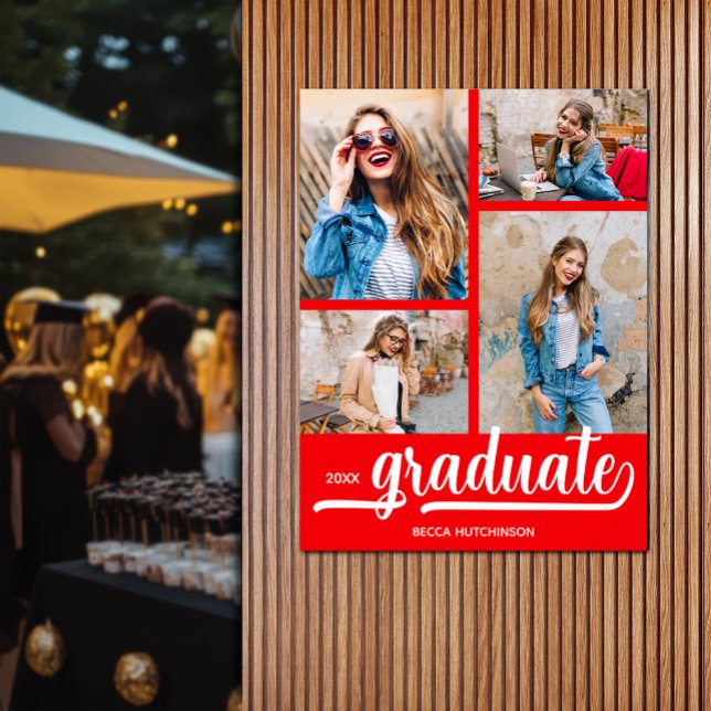 Modern 4 Photos on Red Graduation Poster (Modern 4 photo on red graduation party poster - PRINTED and/or INSTANT DOWNLOAD)
