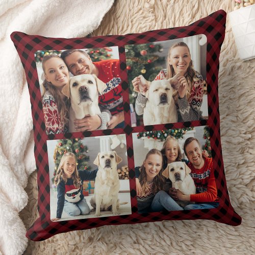 Modern 4 Photos Personalized Holiday Red Plaid Throw Pillow