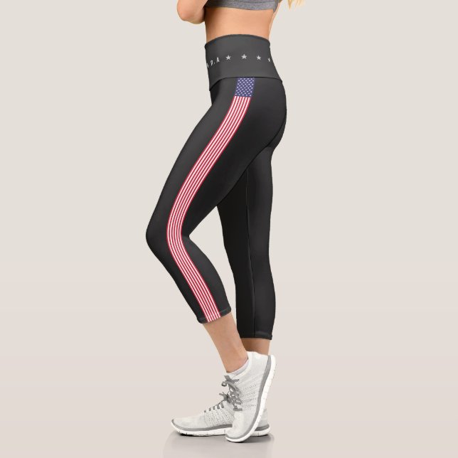 Modern 4th of July American Flag Name Summer   Capri Leggings (Left)