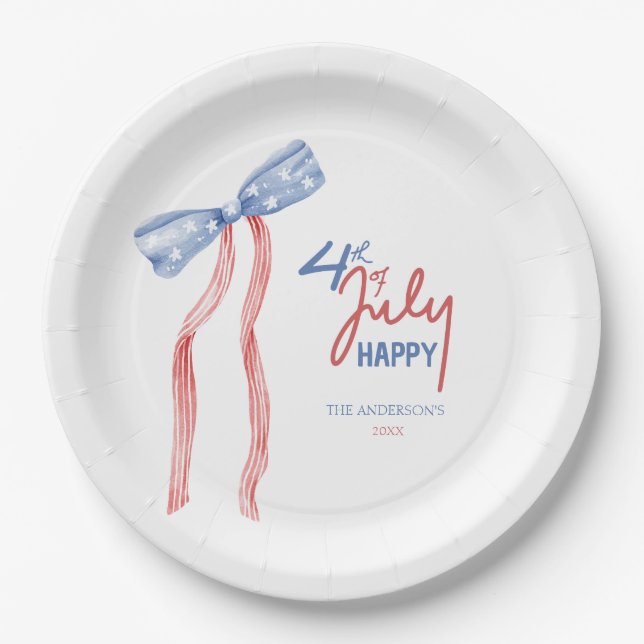 Modern 4th of July Bow Party Patriotic Paper Plates (Front)