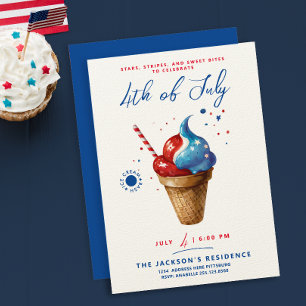 Modern 4th of July Ice Cream US Flag Watercolor Invitation