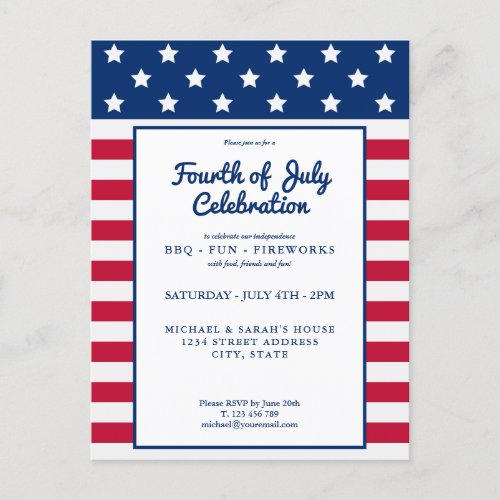 Modern 4th of July Red White and Blue Invitation Postcard