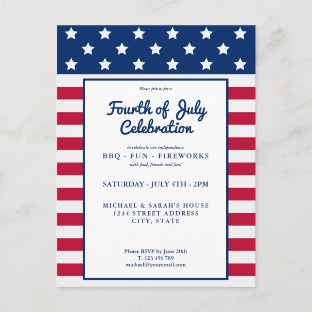 Modern 4th of July Red White and Blue Invitation Postcard (Front)