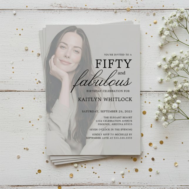 Modern 50 and Fabulous 50th Birthday Party Invitation (modern elegant fifty and fabulous birthday party invitation with full photo overlay for 50th for her)