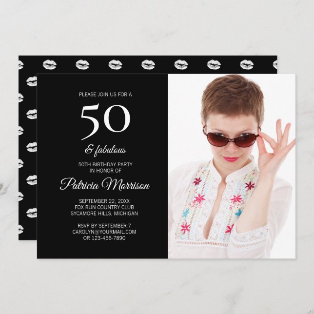 Modern 50 and Fabulous Black Photo Birthday Invitation (Front/Back)
