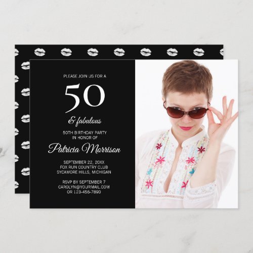 Modern 50 and Fabulous Black Photo Birthday Invitation