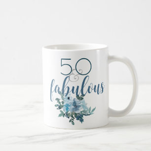 Modern 50 and Fabulous Blue Floral Watercolor Coffee Mug