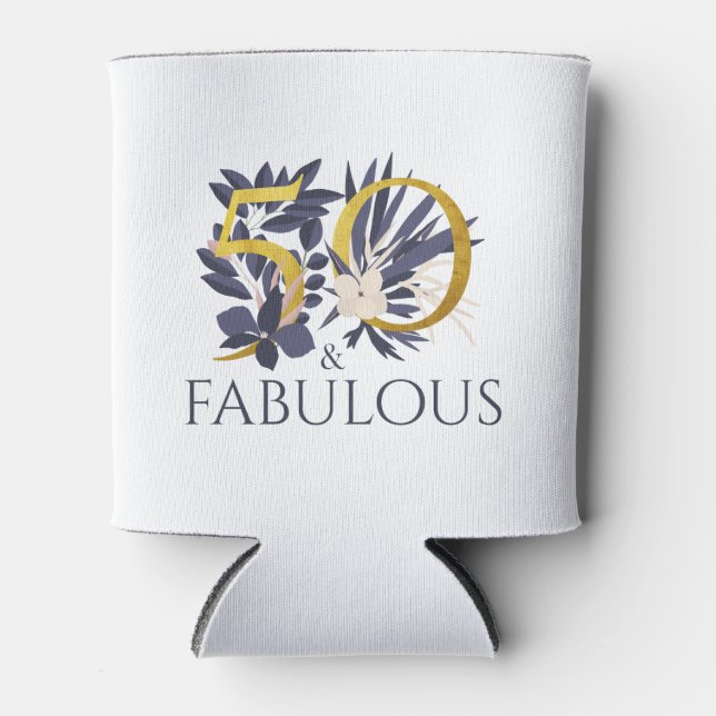 Modern 50 and Fabulous Gold Blue Typography Floral Can Cooler (Front)