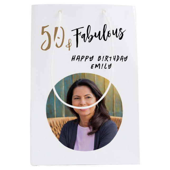 Modern 50 and Fabulous Photo 50th Birthday Medium Gift Bag (Front)