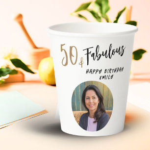 Modern 50 and Fabulous Photo 50th Birthday Paper Cups
