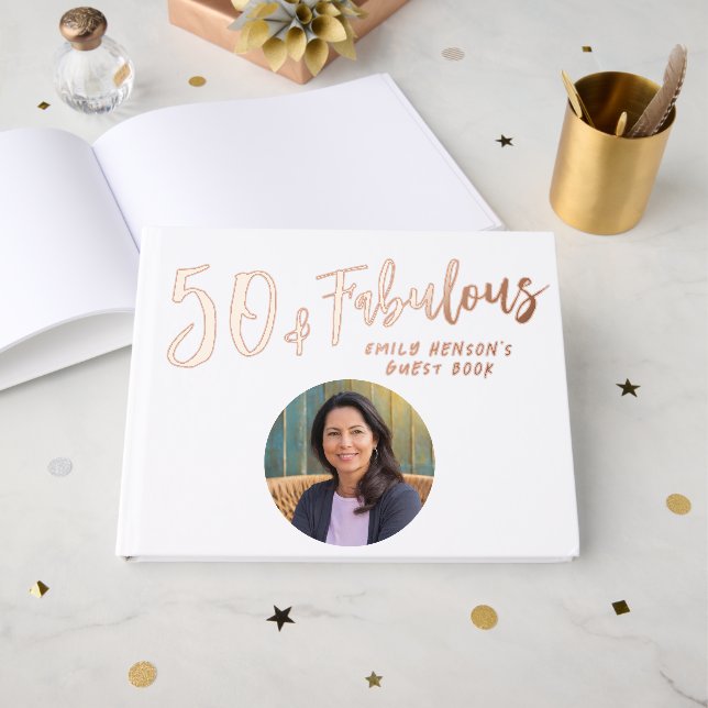 Modern 50 and Fabulous Photo 50th Birthday Party Foil Guest Book (Front Open)