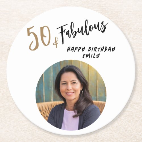 Modern 50 and Fabulous Photo 50th Birthday Round Paper Coaster