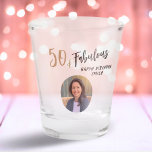 Modern 50 and Fabulous Photo 50th Birthday Shot Glass<br><div class="desc">Modern 50 and Fabulous Photo 50th Birthday Party Shot Glass. Modern and simple design with trendy script 50 & Fabulous. Custom photo birthday glass for her. Customize with the name and age and add your photo into the template.</div>