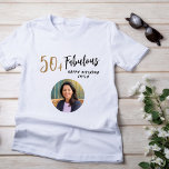 Modern 50 and Fabulous Photo 50th Birthday T-Shirt<br><div class="desc">Modern 50 and Fabulous Photo 50th Birthday Guest of honor woman t-shirt. Modern and simple design with trendy script 50 & Fabulous. Custom photo birthday t-shirt for her. Customize with the name and age and add your photo into the template.</div>