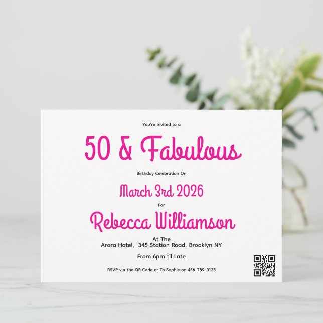 Modern 50 and Fabulous Pink 50th Birthday Invitation (Standing Front)