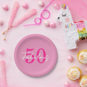 Modern 50 and Fabulous Pink 50th Birthday Party Paper Plates