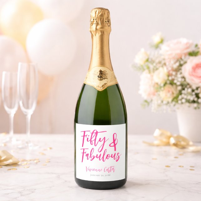 Modern 50 and Fabulous Pink 50th Birthday Party Sparkling Wine Label (Fifty and Fabulous Name Date 50th Birthday Wine Bottle)