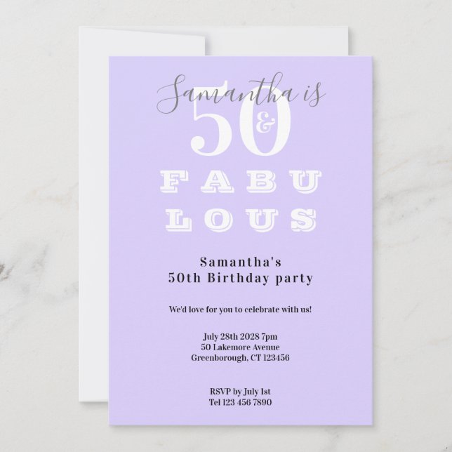 Modern 50 and fabulous Purple 50th Birthday Party Invitation (Front)