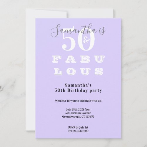 Modern 50 and fabulous Purple 50th Birthday Party Invitation