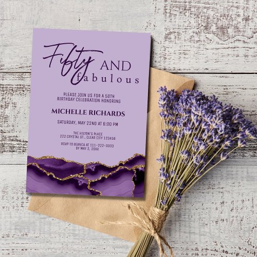 Modern 50 and Fabulous Purple Gold Agate  Invitation