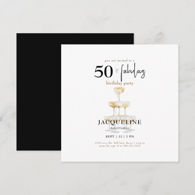 Modern 50 & Fabulous B/W Square Birthday Party (Front/Back)