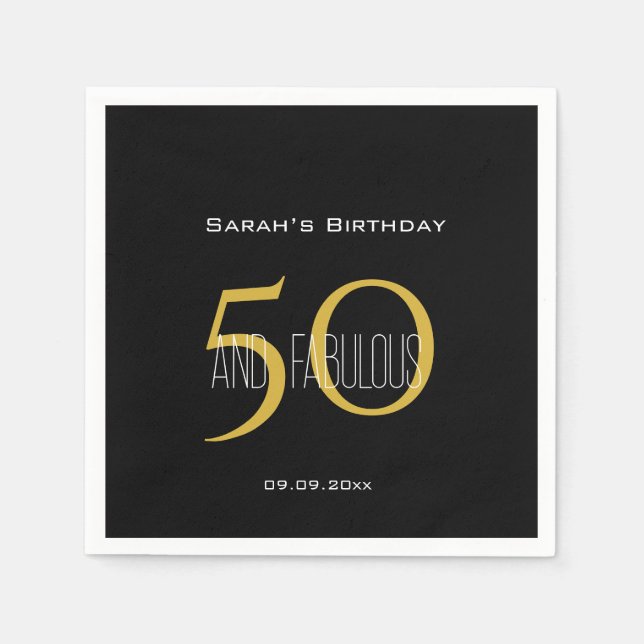 Modern 50 & Fabulous Black and Gold Birthday  Napkins (Front)
