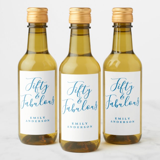 Modern 50 Fabulous Blue Custom Name 50th Birthday Wine Label (Bottles)
