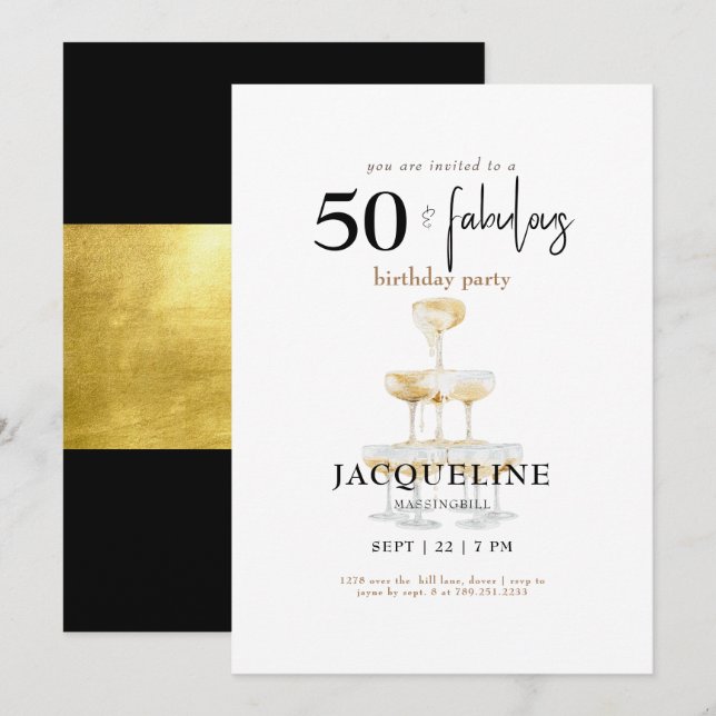 Modern 50 & Fabulous Champagne Birthday Party II Invitation (Front/Back)
