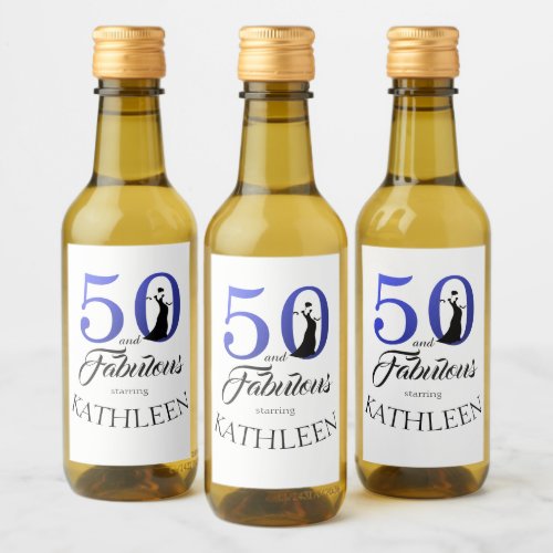 Modern 50 Fabulous Custom Name 50th Birthday Blue Wine Label