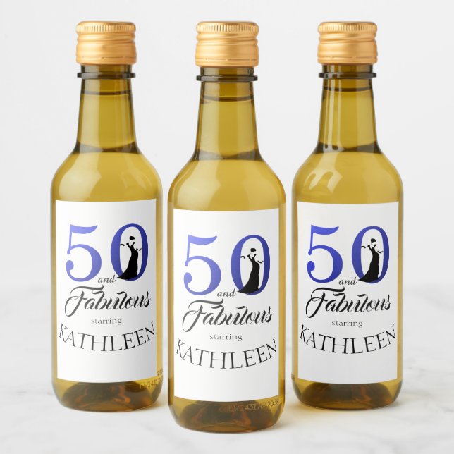 Modern 50 Fabulous Custom Name 50th Birthday Blue Wine Label (Bottles)
