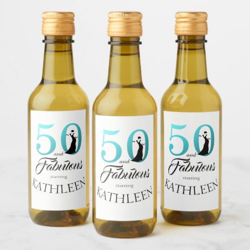 Modern 50 Fabulous Custom Name 50th Birthday Blue Wine Label