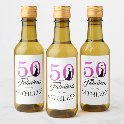 Modern 50 Fabulous Custom Name 50th Birthday Pink Wine Label