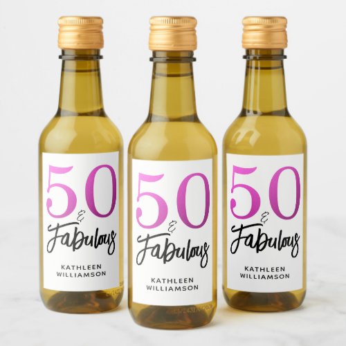 Modern 50 Fabulous Custom Name 50th Birthday Pink Wine Label