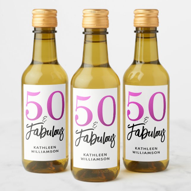 Modern 50 Fabulous Custom Name 50th Birthday Pink Wine Label (Bottles)