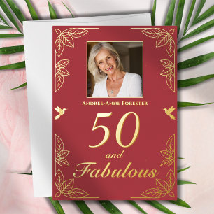Modern 50 Fabulous Photo Birthday Red Gold Foil Invitation