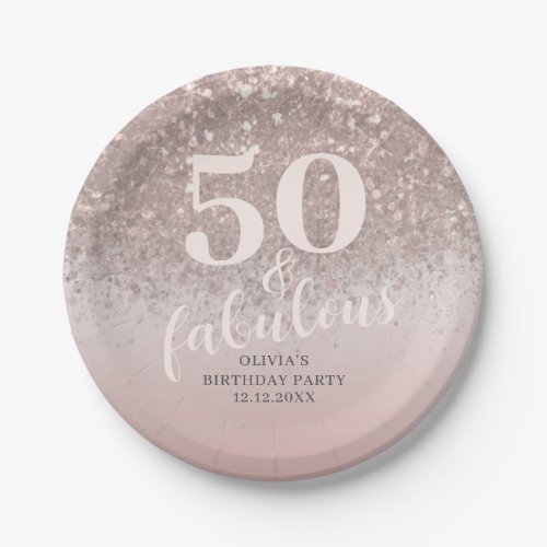 Modern 50  Fabulous Pink Glitter Birthday  Paper Plates