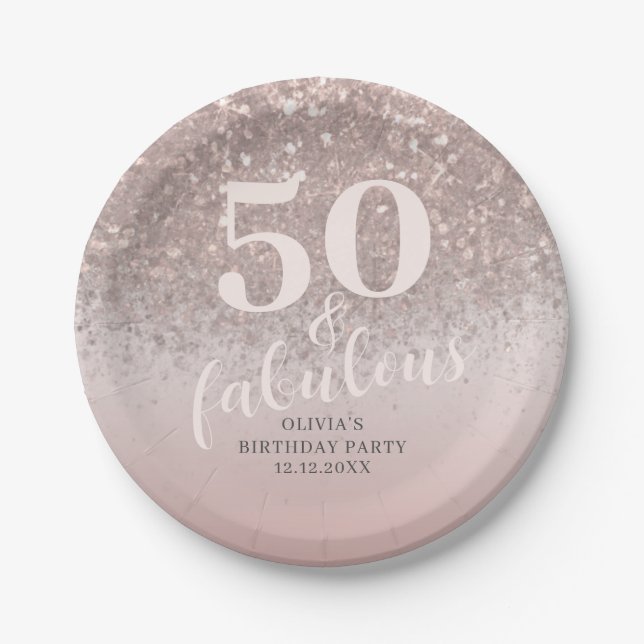 Modern 50 & Fabulous Pink Glitter Birthday  Paper Plates (Front)