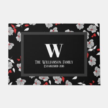 Modern 50s Style Flowers & Black Family Name Doormat by GrudaHomeDecor at Zazzle