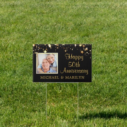 Modern 50th Anniversary Photo Black Gold Stars Sign