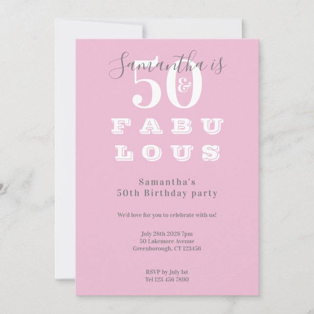 Modern 50th Birthday 50 fabulous Pink Gray Party Invitation (Front)